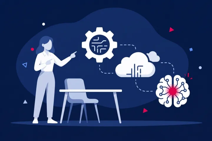 Una mujer señala iconos interconectados de automatización, nube e inteligencia artificial.