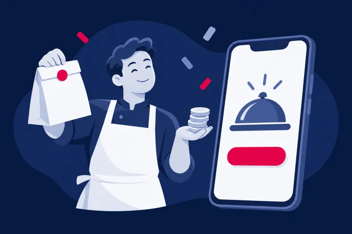Un restaurador con una bolsa de comida y monedas junto a un móvil con su app de pedidos