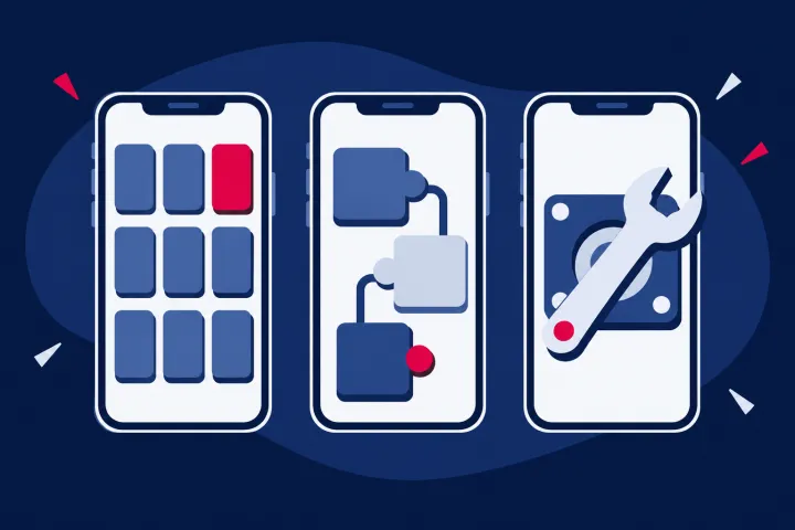 Tres móviles representan apps de plantilla, bloques no-code y desarrollo a medida.