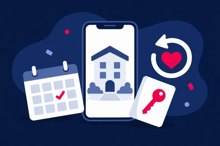 Móvil con un hotel, calendario de reservas, tarjeta de acceso y corazón de fidelización.