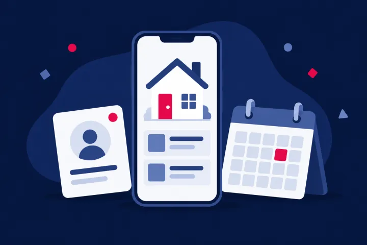 Móvil con una vivienda junto a una ficha de contacto y un calendario de visitas inmobiliarias