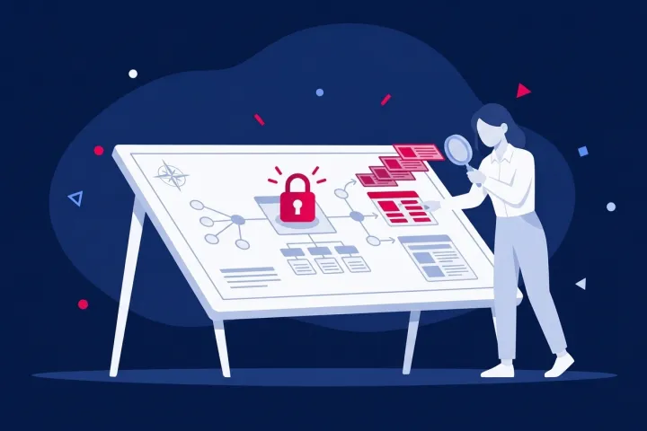Mujer examinando con lupa un diagrama de arquitectura y seguridad web en un tablero