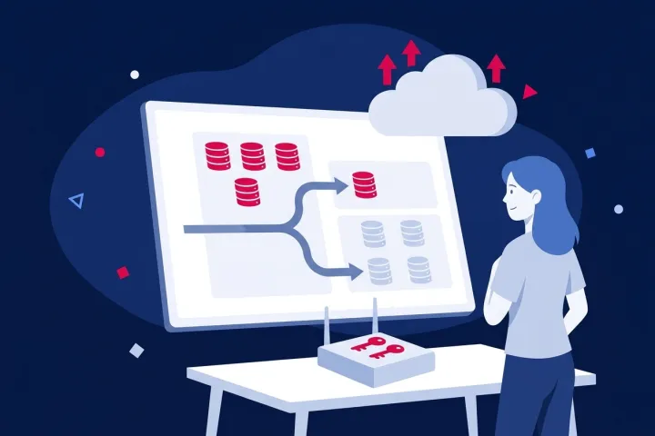 Mujer analizando un diagrama de bases de datos y computación en la nube para arquitectura SaaS.