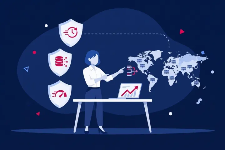 Especialista gestionando una red global CDN con capas de seguridad y optimización