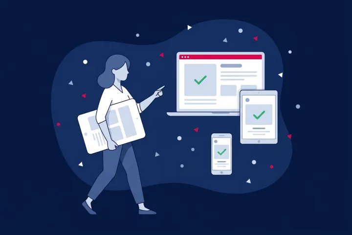 Mujer señalando pantallas de portátil, tableta y móvil con diseños web verificados.