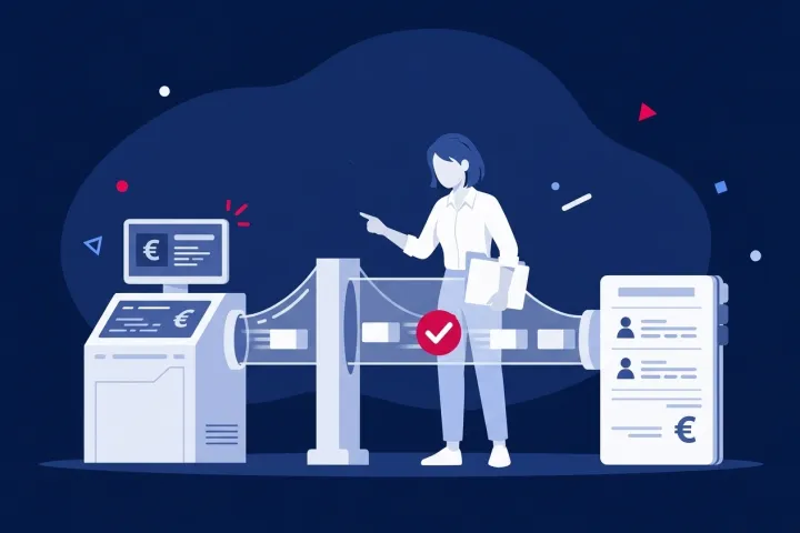 Una mujer gestiona la conexión de datos entre una tienda y un sistema contable.