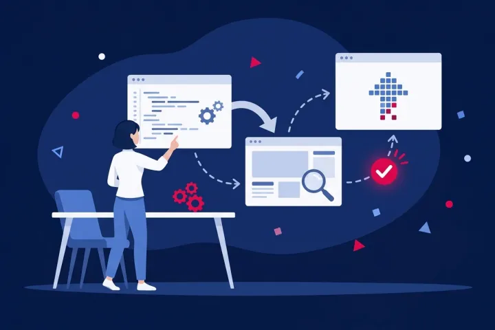 Desarrolladora gestionando el flujo de trabajo de programación, pruebas y despliegue web