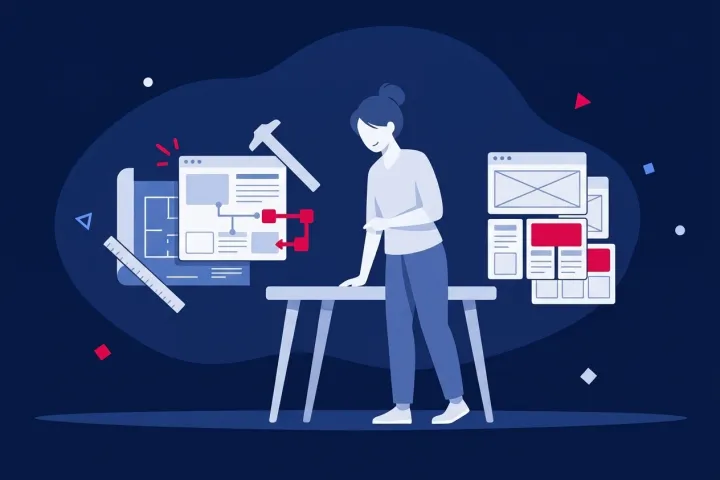 Diseñadora planificando la interfaz y arquitectura de una página web con bocetos