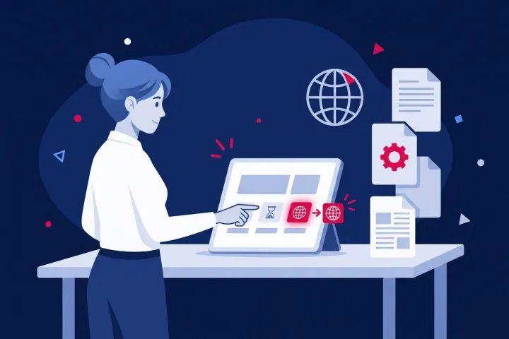Mujer configurando en una pantalla la traducción de un sitio web internacional.