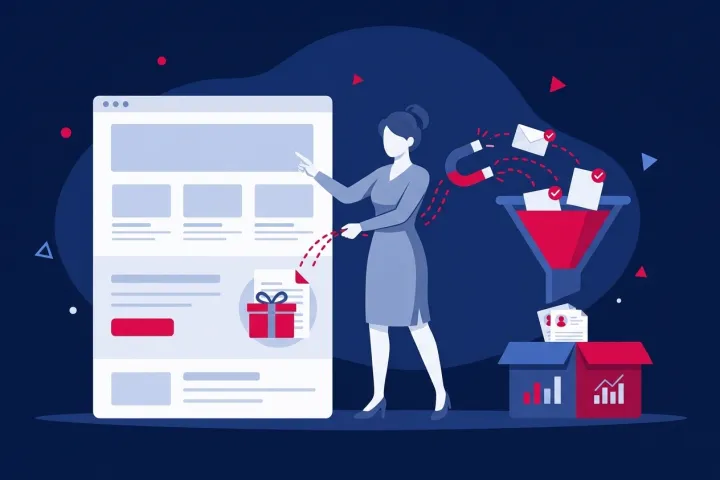 Mujer gestionando una página web conectada a un embudo de conversión de clientes potenciales