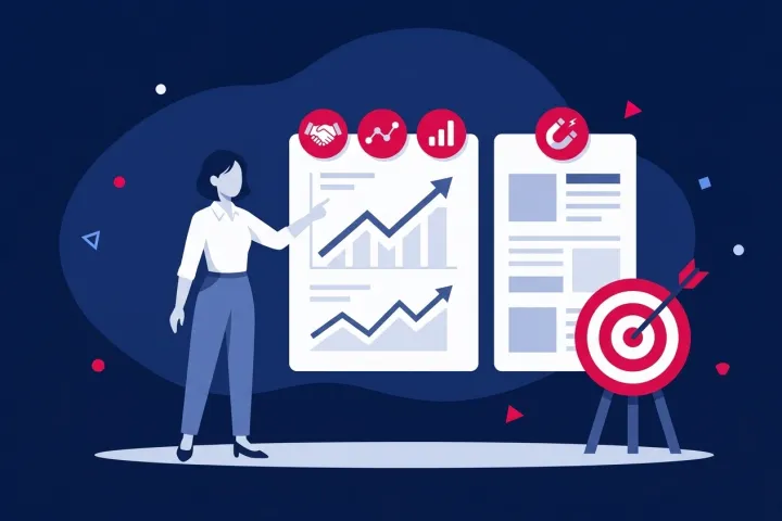 Mujer señalando gráficos de crecimiento comercial junto a una diana y paneles informativos.