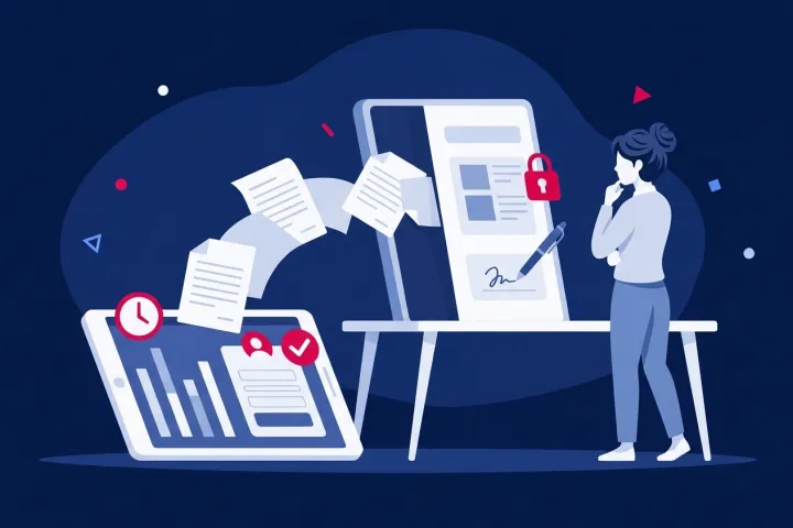 Mujer revisando la firma electrónica y digitalización de contratos en pantallas