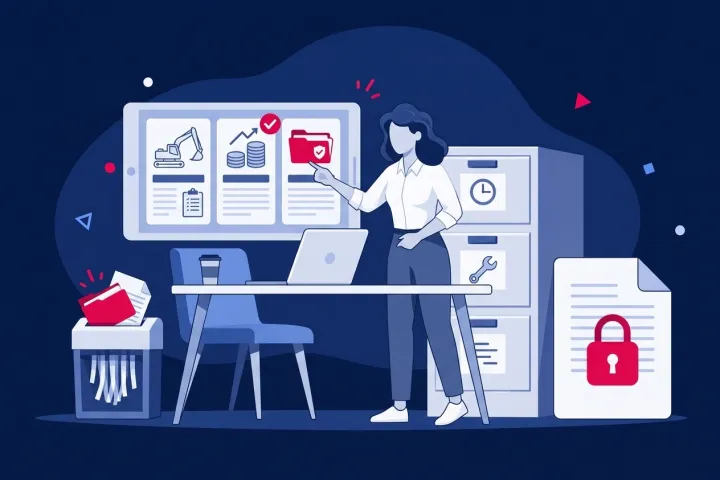 Profesional gestionando la digitalización de archivos de construcción en una oficina