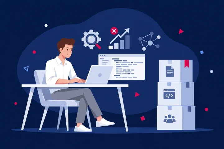 Hombre trabajando con un portátil analizando métricas, código y procesos tecnológicos