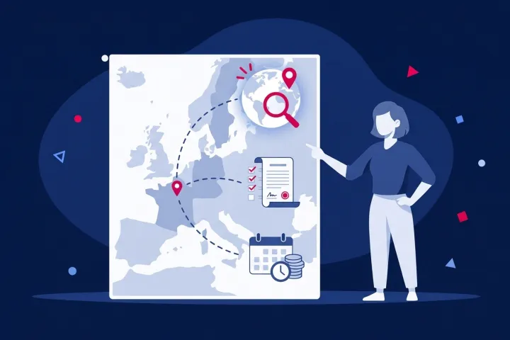 Mujer planificando la expansión internacional sobre un mapa con documentos y calendario.