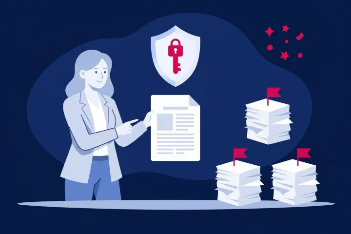 Mujer señalando un documento protegido junto a un escudo de seguridad y pilas de archivos