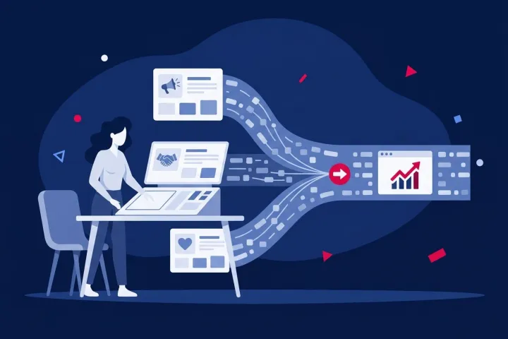 Mujer canalizando datos de marketing, ventas y clientes hacia un gráfico de crecimiento.