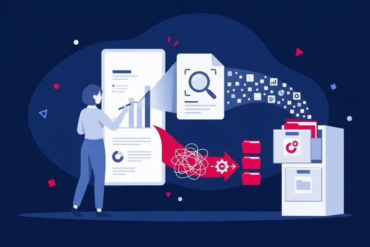 Persona gestionando el procesamiento y archivo automatizado de documentos digitales