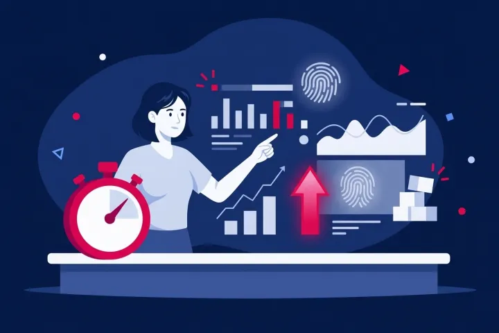 Mujer analizando métricas de rendimiento web con gráficos y un cronómetro.