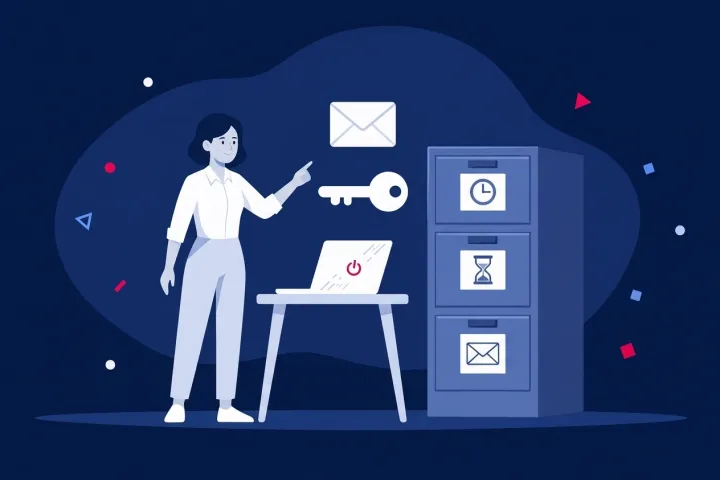Mujer señalando iconos de correo y una llave junto a un escritorio con portátil y un archivador.