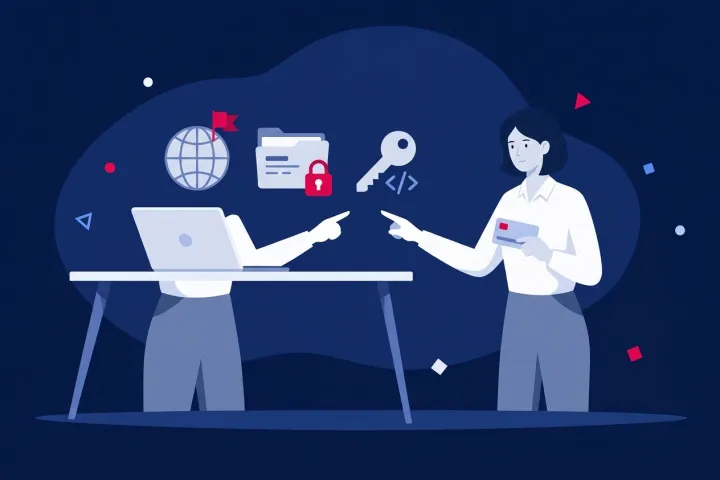 Dos personas gestionando el control de un dominio web, contraseñas, código y archivos.