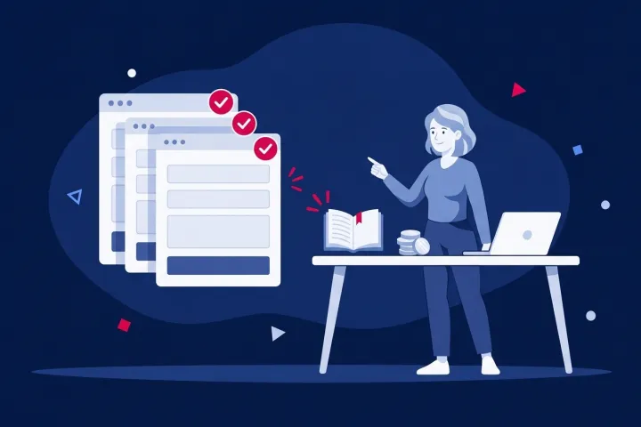 Mujer junto a un escritorio con portátil señalando formularios digitales validados