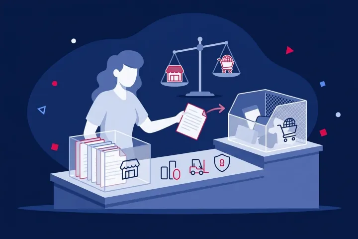 Mujer equilibrando ventas entre su tienda propia y un marketplace con una balanza
