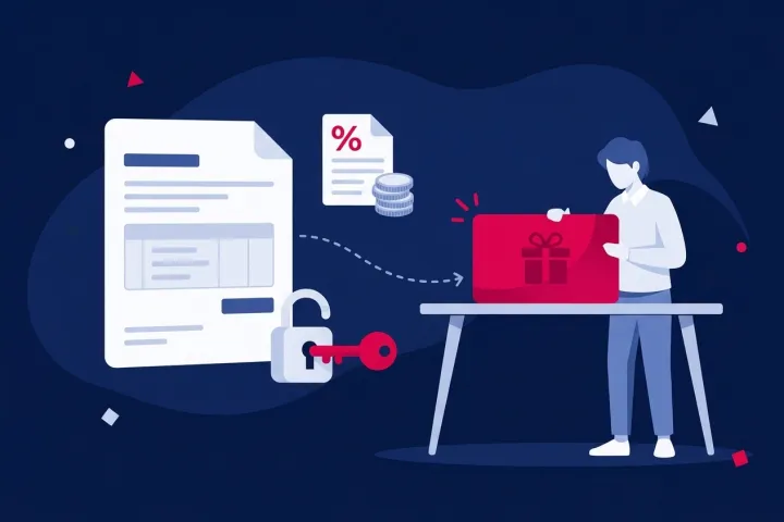Persona configurando una tarjeta de regalo junto a documentos de venta y un candado