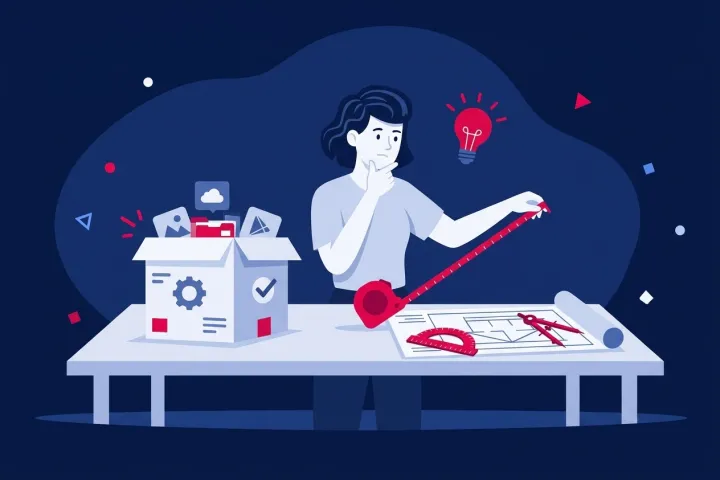 Mujer evaluando entre una caja de software prediseñado y el diseño a medida de un plano.