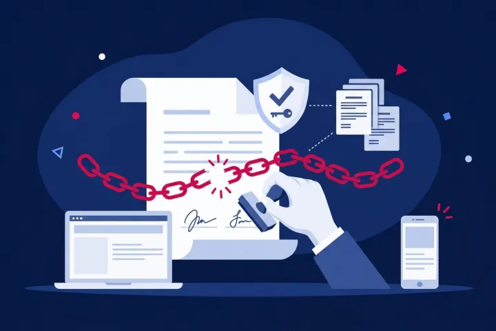Mano sellando un contrato con firmas junto a una cadena rota y un escudo de seguridad.