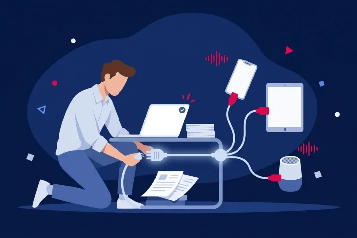 Persona conectando un portátil a múltiples dispositivos: móvil, tableta y altavoz.
