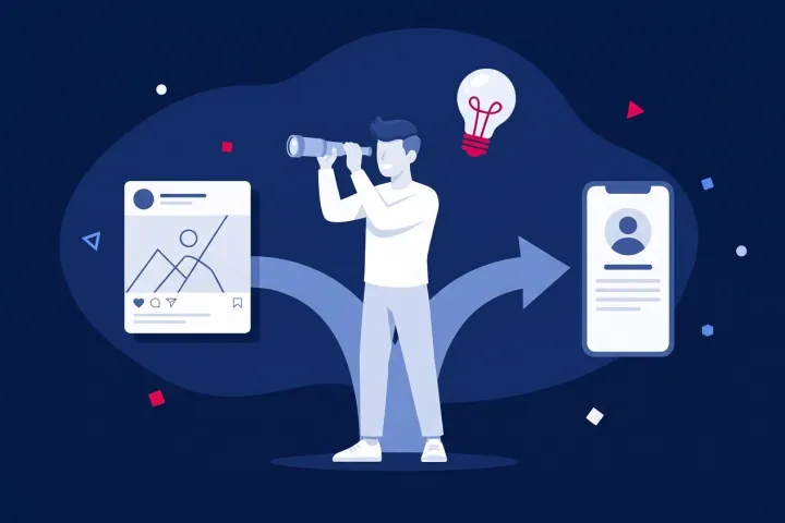 Emprendedor con catalejo decidiendo su estrategia en redes sociales y perfil digital