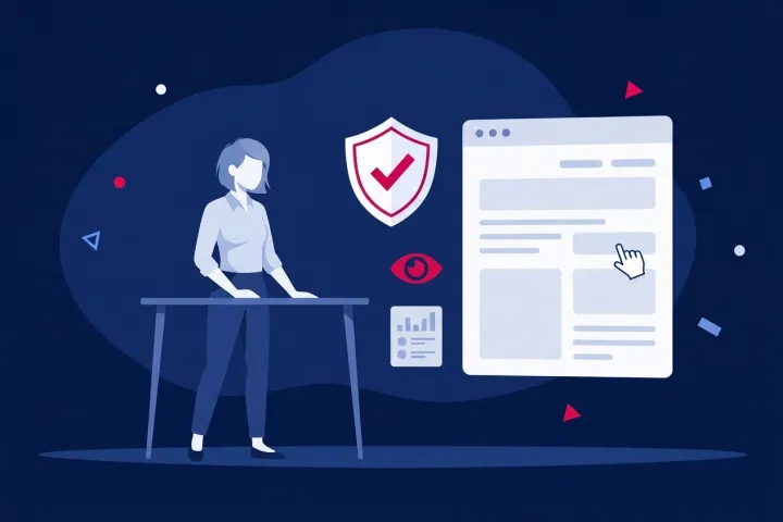 Mujer junto a una mesa examinando la interfaz de un sitio web con iconos de seguridad y visión