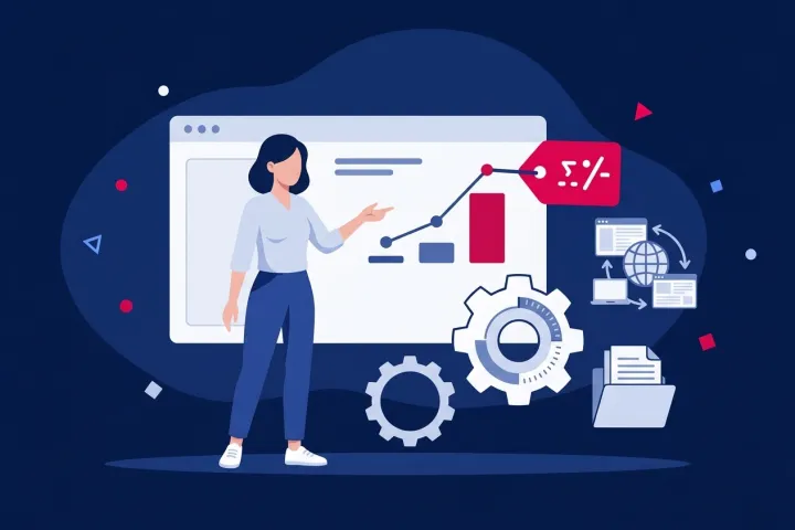 Mujer analizando gráficas de crecimiento y desarrollo web junto a engranajes industriales