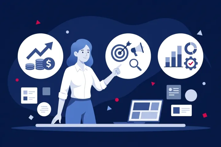 Mujer señalando iconos de inversión, objetivos de marketing y métricas digitales