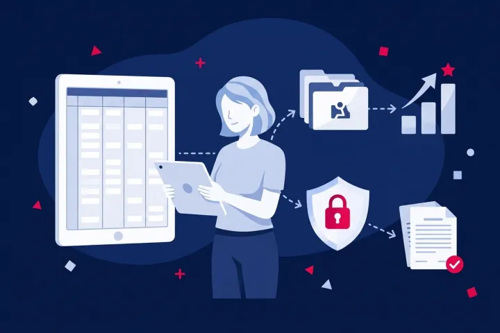 Mujer gestionando datos en una tableta con carpetas, seguridad y documentos de auditoría