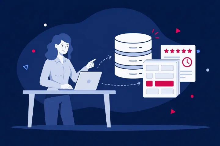 Mujer trabajando con un portátil junto a una base de datos y paneles de resultados web