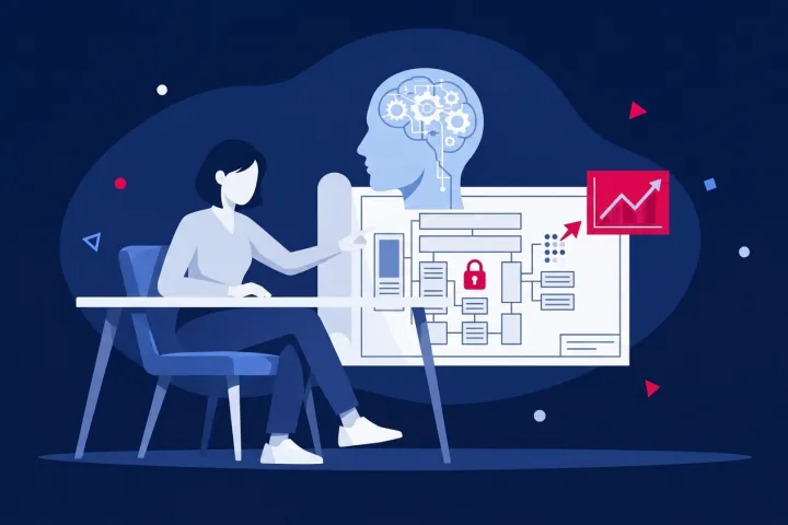 Una profesional planifica la arquitectura web con inteligencia artificial y análisis de datos.