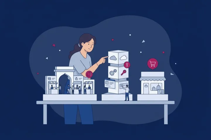 Mujer comparando maquetas de un marketplace, una plataforma SaaS y una tienda online