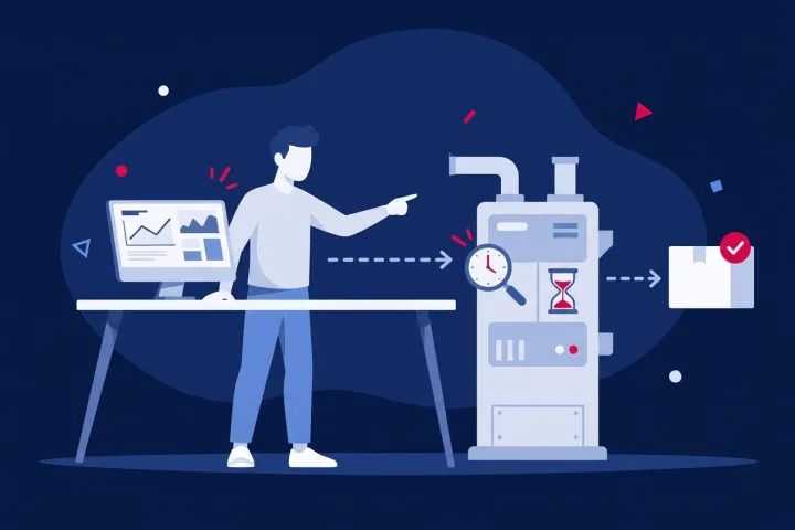 Operario monitorizando el control de calidad industrial y los tiempos de producción
