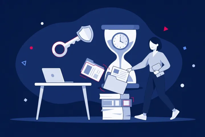Mujer gestionando documentos digitales junto a un portátil, un reloj de arena y una llave