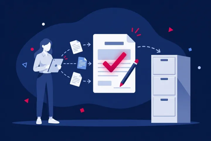Mujer gestionando documentos y contratos digitales con firma electrónica y archivador.