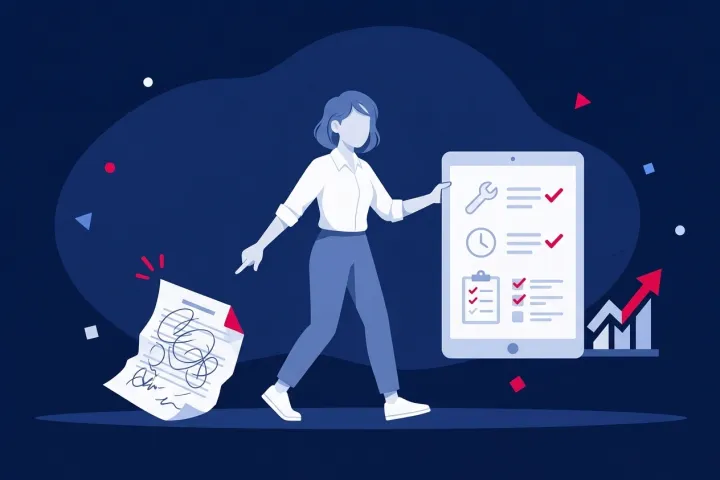 Una profesional cambia la gestión en papel por una tableta digital de mantenimiento.