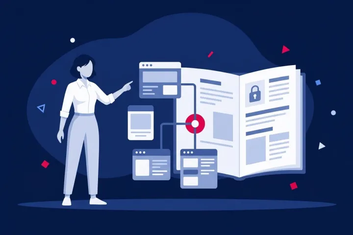 Mujer señalando un libro abierto con esquemas de interfaces interconectadas.