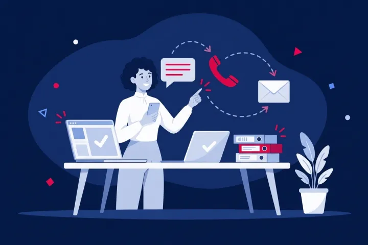 Mujer gestionando atención al cliente omnicanal mediante chat, llamadas y correo desde su mesa.