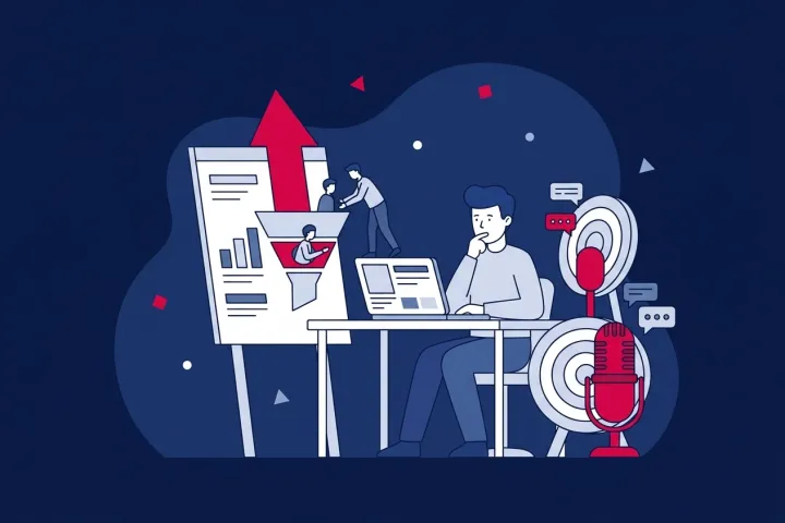 Profesional planificando estrategias de marketing con embudo de ventas y micrófonos
