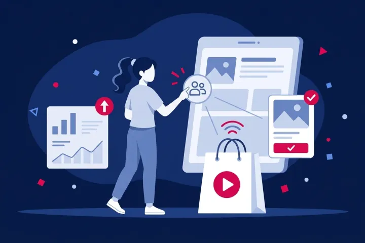 Mujer gestionando ventas en vivo con una pantalla digital y una bolsa de compras interactiva