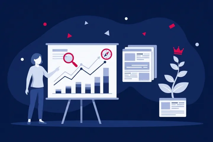 Persona señalando gráficas de crecimiento empresarial junto a documentos y una planta con corona
