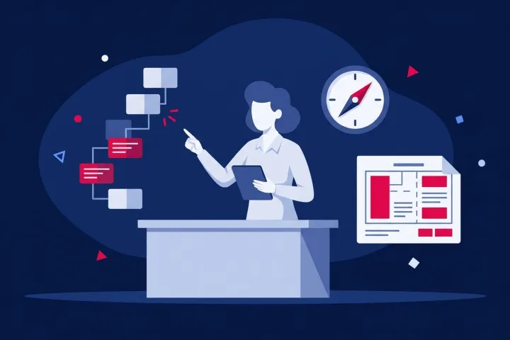 Mujer planificando las fases de un proyecto web junto a un diagrama y una maqueta.