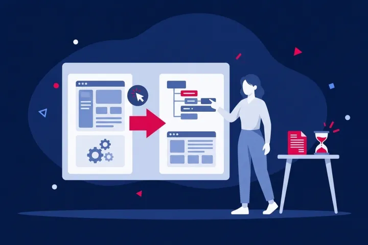 Una mujer analiza diagramas y pantallas de una app durante el proceso de desarrollo.
